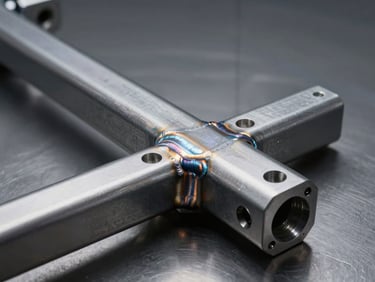 Macro studio shot of a finished EV chassis rail joint, studio strobe lighting revealing precise weld seams and surface finish on structural steel, isolated on a dark steel-gray surface, tight framing showing millimetre-level tolerance detail