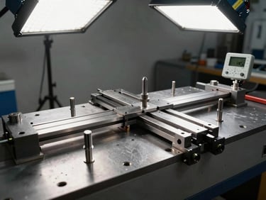 Wide-angle studio shot of a precision jig and fixture assembly on a surface plate, hardened steel locating pins and clamps arranged with measurement instruments visible, overhead facility lighting with sharp contrast, emphasising tooling accuracy and repeatability