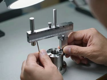 Macro shot of an engineer's hands using a precision micrometer to measure a machined metal component at a quality control station, measurement instrument and component surface in sharp focus, neutral gray workbench surface, studio-quality overhead lighting