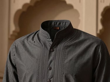 Detail of a premium shalwar kameez collar with intricate stitching, architectural precision, low-contrast lighting, bespoke button.