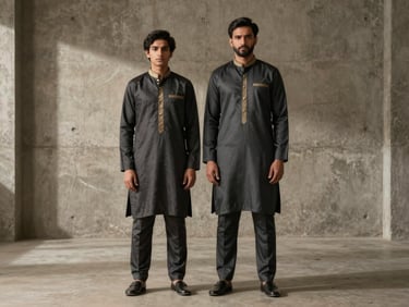 Father and son models in matching charcoal shalwar kameez and gold-accented waistcoats, standing in a minimalist concrete interior with soft side-shadows, full-length editorial shot, matte-finished cotton.