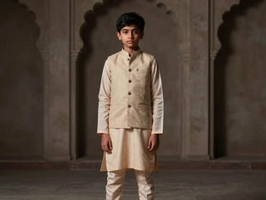 Young boy wearing a beige waistcoat over a kurta, full-length editorial pose showing fabric drape, architectural backdrop.