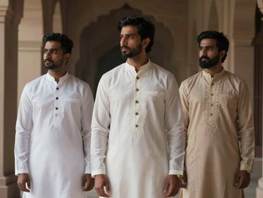 Groom and groomsmen models in elegant white and soft beige shalwar kameez, custom buttons visible, cinematic natural light in an architectural space, low contrast.