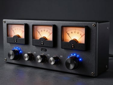 Outboard analog compressors with glowing VU meters, electric blue accent lighting