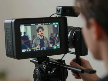 Close-up of a video director looking at a high-contrast camera monitor displaying a performance shot