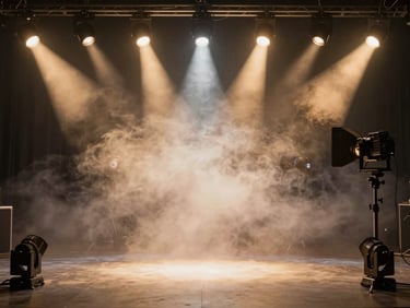 Wide shot of a custom-lit music video set inside the live room, smoke machine haze, gold spotlights