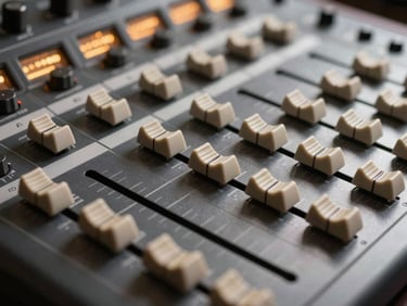 Close-up of physical faders on a solid-state console, warm gold meter glow