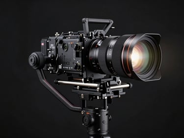 Cinematic camera rig on a stabilizer, anamorphic lens flare, dark studio environment
