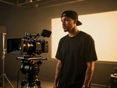 Cinematic wide anamorphic still of a rapper performing under moody gold LED lighting in a dark studio, high-end camera rig visible in foreground