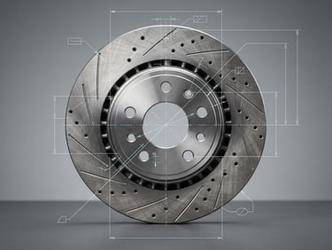 Crisp macro studio photography of a metallic brake rotor with precise caliper measurements, technical blueprint lines overlaid, sharp focus, 50mm lens.