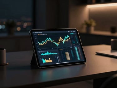 Sleek editorial photograph of a modern workspace at night, a tablet displaying live performance marketing charts with glowing teal and amber lines, dramatic high-contrast lighting.