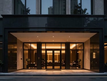 Sleek editorial photography of a luxury hotel lobby at dusk, warm ambient interior glows, deep obsidian tones, photorealistic 35mm.
