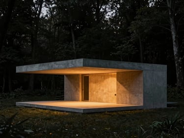 Sleek architectural render of a minimalist concrete pavilion nestled in a dark forest, dramatic high-contrast lighting, warm amber glows from within, photorealistic 35mm.