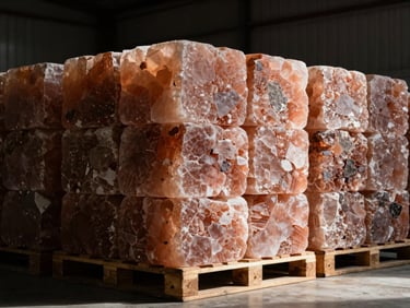 Stacked pallets of large, rough-hewn pink salt blocks for livestock in a clean warehouse, dramatic side-lighting, high-contrast, deep slate and warm amber tones, 35mm lens