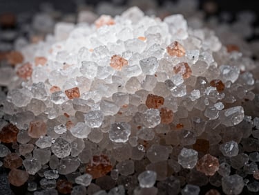 Macro close-up of fine white and pink edible salt crystals, high-contrast lighting, clean minimalist presentation.