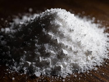 Macro close-up of pure white fine salt powder, high-contrast, dramatic side-lighting, industrial editorial style.