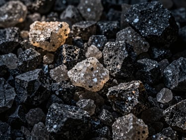Textured macro shot of large, irregular coarse salt crystals, stark contrast, side-lighting highlights rough edges, deep slate tones.