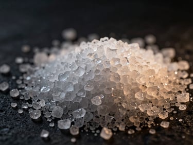 Macro close-up of fine-grain white salt crystals, dramatic side-lighting, high-contrast, deep slate and warm amber tones, 35mm lens
