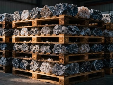 Stacked pallets of large, rough agricultural salt licks in a clean warehouse, dramatic side-lighting, industrial setting.