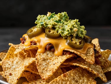 Macro flash photography of a massive mountain of nachos loaded with dripping melted cheese, jalapeños, and fresh guacamole.