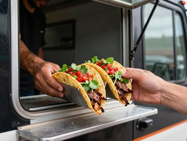 High-contrast action shot of double-stacked brisket tacos with fresh cilantro and vibrant red salsa being handed out of a food truck window.