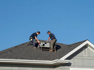 Roofing crew assessing storm damage on a residential roof at Tyler, TX