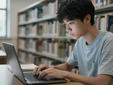 Focused high school student typing on a laptop in a library, subtle screen glow on their face, cool muted tones