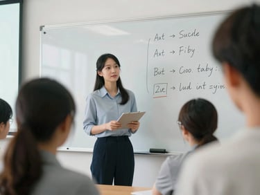 A high school teacher leading a collaborative workshop with colleagues, looking at a whiteboard with prompt structures, soft daylight