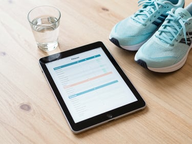 An overhead flatlay of a tablet showing a colorful fitness planner, next to a glass of water and a pair of pastel blue running shoes on a light wood floor.