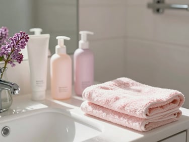 A bright bathroom vanity with morning sun, featuring clean beauty products, a soft pink towel, and a lilac flower in a small vase, shallow depth of field.