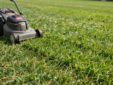 Close-up of a healthy, vibrant green lawn being trimmed neatly with a lawnmower, bright natural daylight highlighting the grass textures.