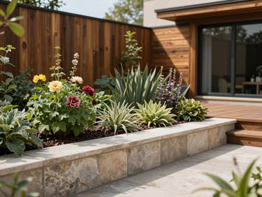 A modern, low-maintenance terrace garden with robust perennials, clean stone joints, and warm timber accents under clear daylight.