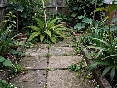 An overgrown, messy backyard garden with weeds and cracked concrete tiles, flat overcast light.