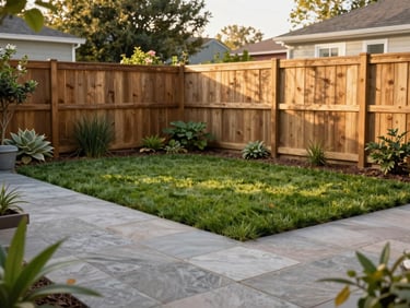 The same backyard garden completely transformed, with a clean new stone patio, lush green lawn, and neat wooden fence, warm sunlight.