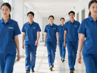 Housekeeping crew in neat blue uniforms walking down a bright, clean corporate corridor, natural light