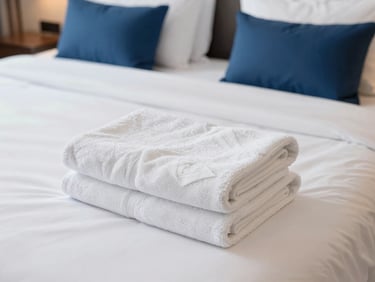Immaculate hotel suite bedroom with crisp white linens, perfectly folded towels, warm natural light