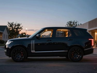 Cinematic shot of a modern black luxury SUV with warm interior lighting, parked on a quiet Boise street at dusk, 35mm