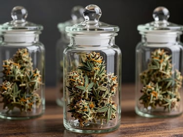 Close-up of elegant glass apothecary jars filled with clean, well-trimmed cannabis flower sitting on dark wooden shelves.