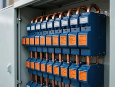 Close-up of a heavy-duty industrial electrical switchgear panel with orange safety labels and thick copper busbars, high-contrast.