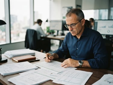 Roberto Conte reviewing official audit spreadsheets at a clean desk, natural daylight, professional investigator style, sharp focus, 35mm lens