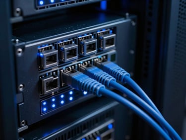 Macro shot of a high-performance server rack, cool blue LED indicator lights, sharp focus on structured ethernet cables, dark background