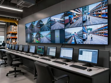 Sala de control de seguridad moderna con pantallas que muestran flujos de video en tiempo real de un almacén industrial, tonos fríos.