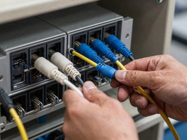 Primer plano extremo de un técnico conectando un cable de fibra óptica monomodo en un panel de distribución, iluminación técnica precisa.