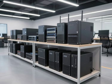 Wide architectural shot of a clean, modern corporate hardware staging area, neatly stacked enterprise switches and routers in boxes, cool professional lighting.