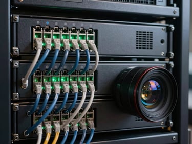Primer plano de un rack de servidores con cables de red de categoría 6A ordenados de forma impecable, luces LED verdes de estado activas.