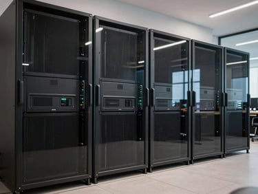 Espacio de trabajo corporativo minimalista con racks de servidores visibles detrás de un panel de vidrio templado, ambiente tecnológico limpio.