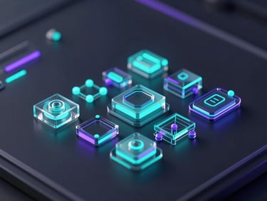Sleek 3D render of abstract glowing code structures on an obsidian IDE screen, neon cyan and violet accents, macro depth of field