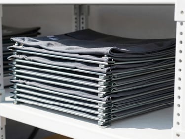 Straight-on catalog shot of durable canvas and steel hardware stacked on clean industrial shelving, bright natural daylight, high contrast
