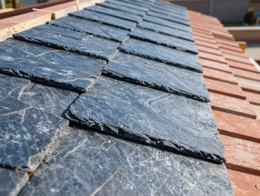 Editorial construction photography, high-angle close-up of newly laid slate tiles on a roof, crisp morning daylight, sharp focus, 35mm