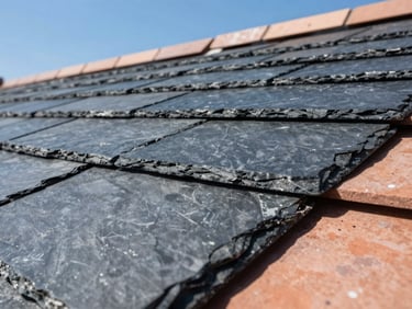 Detailed macro shot of dark slate textures newly laid on a roof, clean parallel lines against a clear blue sky, editorial construction photography